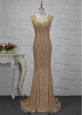 Beading Gold Tulle Scoop Long Mermaid Prom Dress