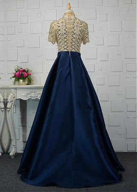 Navy Blue Beading Tulle & Satin High Collar A-line Prom Dress