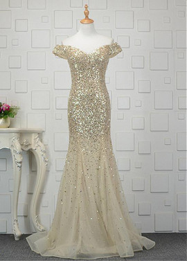 Beading Tulle Off-the-shoulder Gold  Mermaid Prom Dress