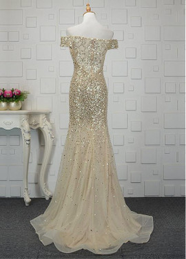 Beading Tulle Off-the-shoulder Gold  Mermaid Prom Dress