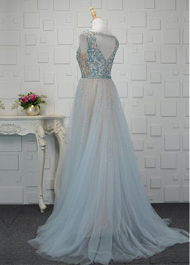 Beading Tulle Bateau Detachable Train Navy A-line Prom Dress