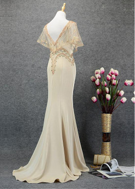 Beading Dark Red Tulle & Satin V-neck Long Mermaid Prom Dress