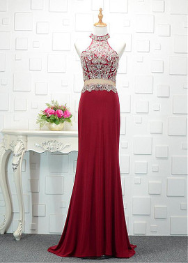  Beading Two Piece Tulle & Spandex High Collar Mermaid Evening Dress