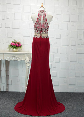  Beading Two Piece Tulle & Spandex High Collar Mermaid Evening Dress