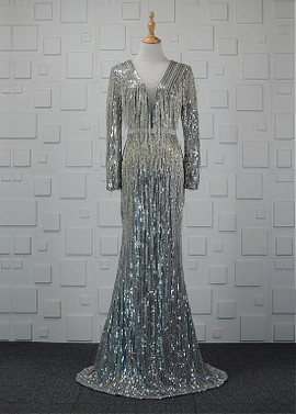  Sequin Lace V-neck  Beadings Long Sleeve Sheath/Column Prom Dress