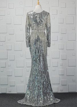  Sequin Lace V-neck  Beadings Long Sleeve Sheath/Column Prom Dress