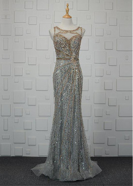 Beading Lace & Tulle Bateau Long Sparkle Mermaid Evening Dress