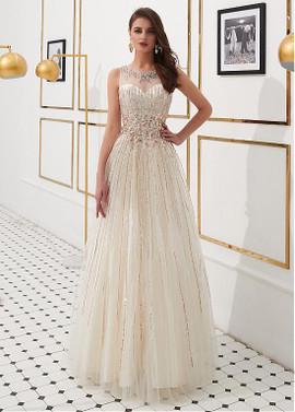 Champagne Tulle Jewel Beading Sequin Floor-length A-line Prom Dress