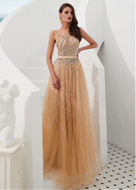 Tulle Jewel Beadings & Sequins Long Gold A-line Prom Dress