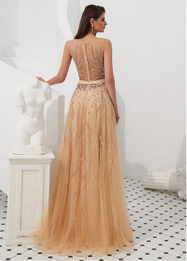 Tulle Jewel Beadings & Sequins Long Gold A-line Prom Dress