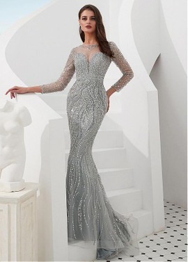  Silver Long Sleeves Tulle Jewel Floor-length Mermaid Evening Dress