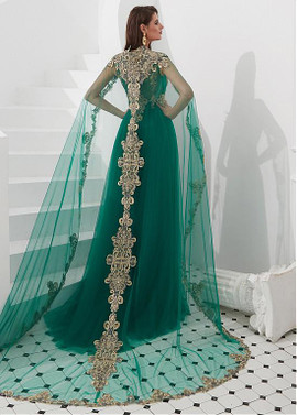  Tulle Jewel Green Lace Appliques Detachable Shawl A-line Prom Dress