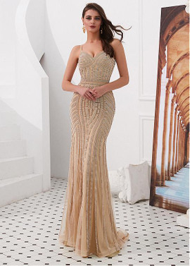 Gold Tulle Spaghetti Straps Rhinestones Long Mermaid Evening Dress