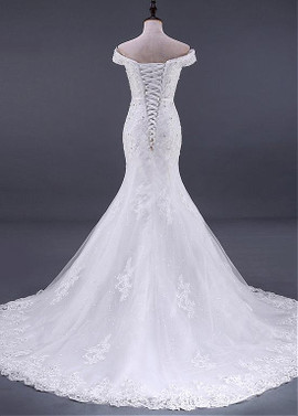  Lace Appliques Tulle Off-the-shoulder Long Bowknot Mermaid Wedding Dress 