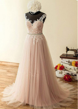 Appliques & Beadings Pink-Tulle Jewel Long A-Line Wedding Dress