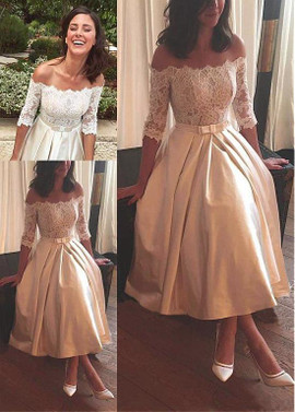 Bowknot Lace & Satin Off-the-shoulder Hi-lo A-line Wedding Dress