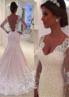 Tulle V-neck  Beaded Lace Appliuqes Backless  Mermaid Long Sleeves Wedding Dress