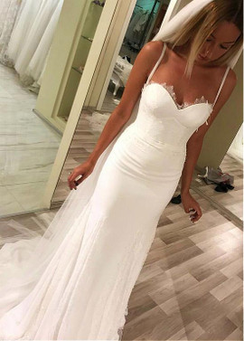  Chiffon & Lace Spaghetti Straps Belt Sheath/Column Wedding Dress