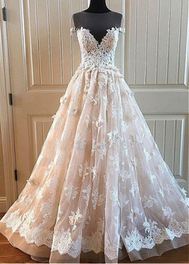 Beaded Handmade Flowers & Lace Appliques Tulle Jewel Long A-line Wedding Dress 