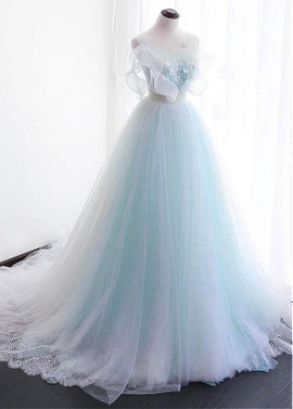  Organza Scoop Blue A-line 3 D Flowers Wedding Dress 