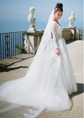 Long Sleeves Lace & Tulle V-neck Lace Appliques A-line Wedding Dress 