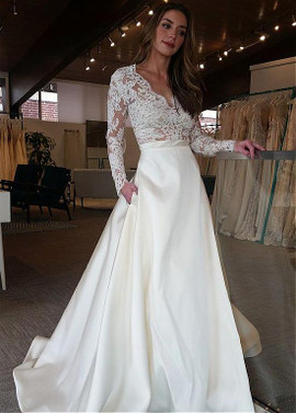 Tulle & Satin V-neck Lace Appliques & Belt Long Sleeves A-line Wedding Dress 