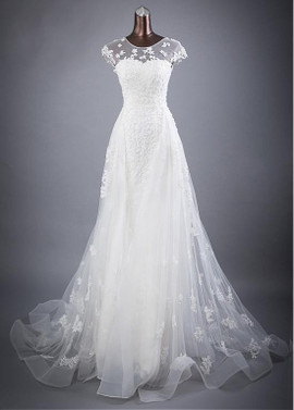 Tulle Jewel Beaded Lace Appliques Flowers A-line Wedding Dress