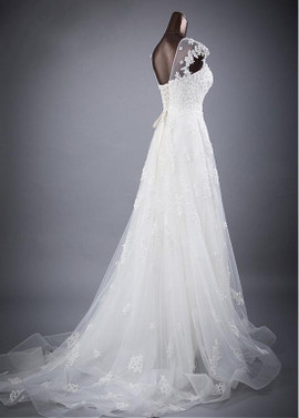 Tulle Jewel Beaded Lace Appliques Flowers A-line Wedding Dress