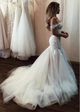 Beading Appliques Tulle Off-the-shoulder Long Mermaid Wedding Dress