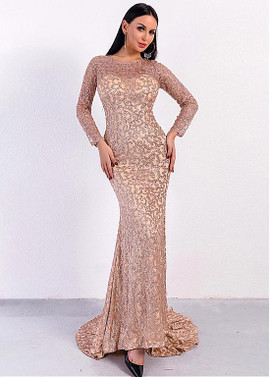 Sequin & Tulle Jewel  Long Sleeves Mermaid Evening Dress