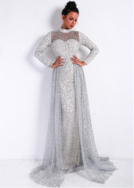 Sparkling Long Sleeves Tulle High Collar A-line Evening Dresses