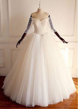 Tulle Off-the-shoulder  Beadings Ball Gown Wedding Dress
