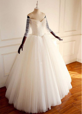 Tulle Off-the-shoulder  Beadings Ball Gown Wedding Dress