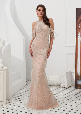 High Collar Floor-length Beading Champagne Mermaid Evening Dress