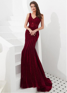  Lace V-neck Beading Wine Red Floor-length Mermaid Evening Dress