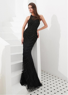  Tulle & Satin Jewel Beading Black Floor-length Mermaid Evening Dress