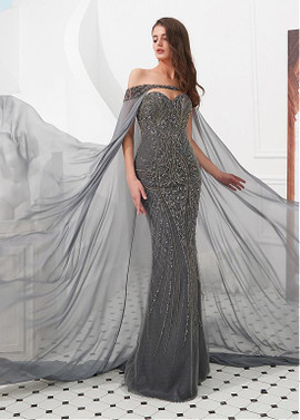  Sweetheart Silver Mermaid Evening Dress With Detachable Shawl