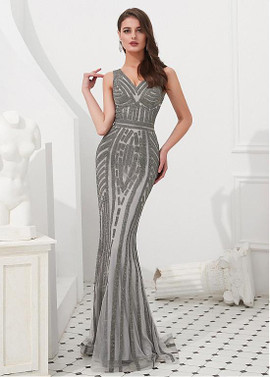 Silver Tulle V-neck Rhinestone Floor-length Mermaid Evening Dress