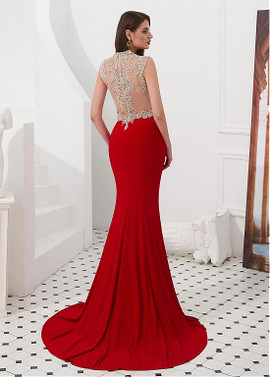 Red Satin & Tulle V-neck Beading Mermaid Evening Prom Dress