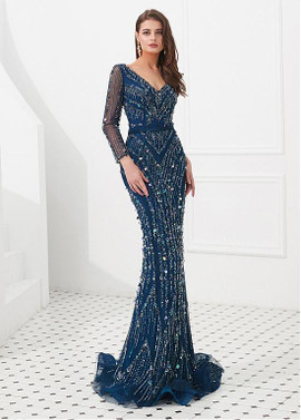  Lace V-neck Long Sleeve Navy Blue Floor-length Mermaid Evening Dress