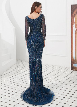  Lace V-neck Long Sleeve Navy Blue Floor-length Mermaid Evening Dress