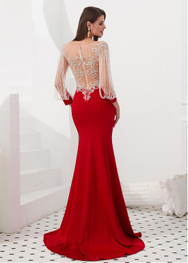  Red Long Sleeves Satin Bateau Beaded Chains Mermaid Evening Dress