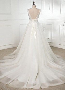 Beading Tulle V-neck Neckline A-line Wedding Dress