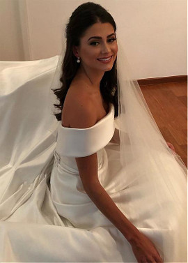 Belt & Bowknot Satin Off-the-shoulder  A-line Wedding Dress
