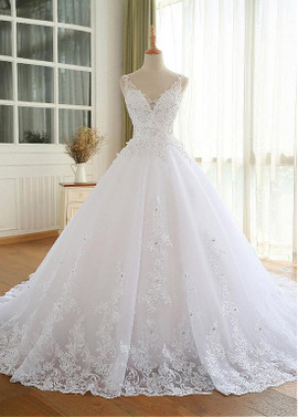 Beading Flowers Tulle V-neck Ball Gown Wedding Dresses