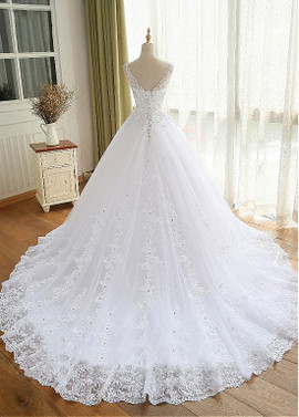 Beading Flowers Tulle V-neck Ball Gown Wedding Dresses