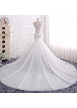  Tulle Spaghetti Straps Beading Backless Mermaid Wedding Dress