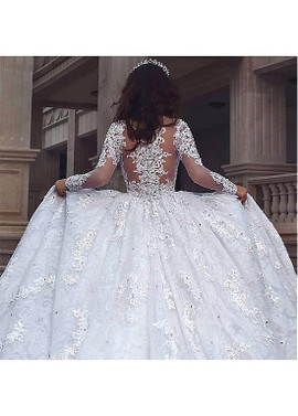 Tulle Jewel Long Sleeve  Ball Gown Appliques Wedding Dresses 