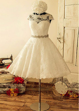 Tulle Jewel Neckline Knee-length A Wedding Dress With Belt