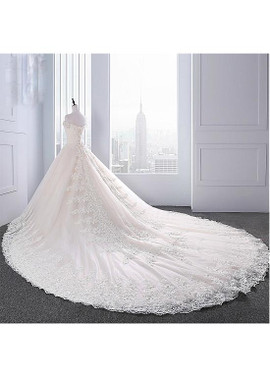 Appliques Tulle Off-the-shoulder 3D Flowers A-line Wedding Dress